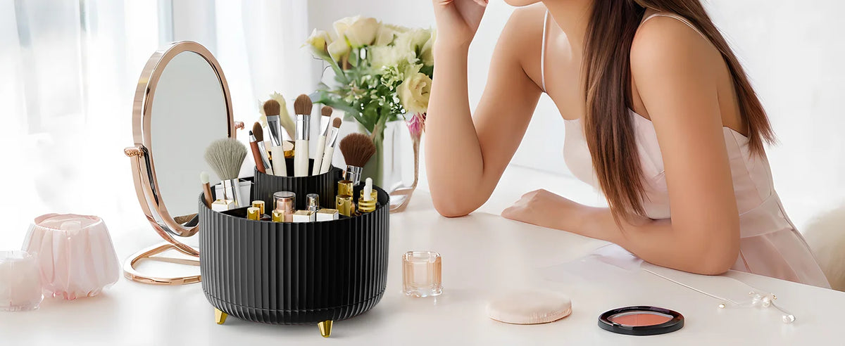 Rotating Makeup Brush Holder, 5 Slot Striped Vanity Organizer