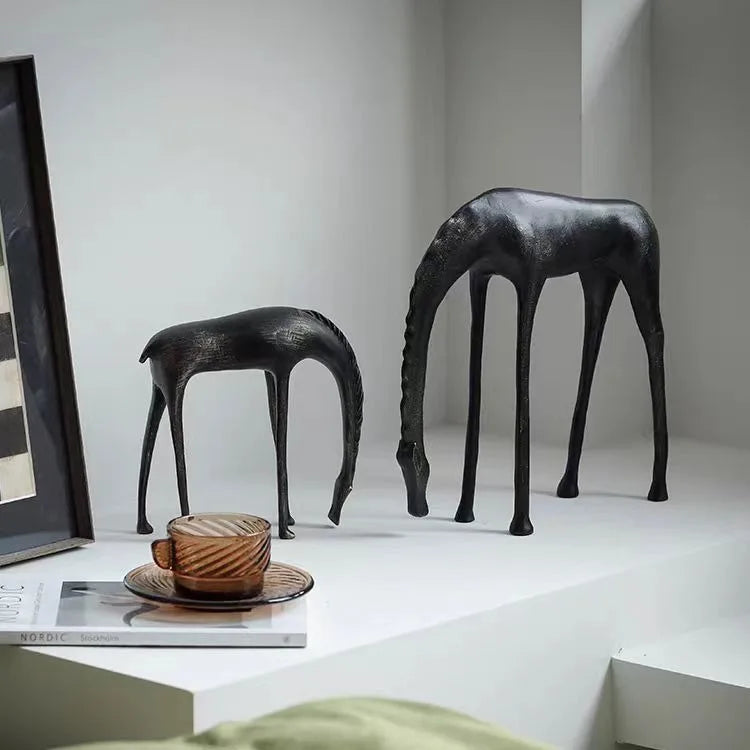 Black Cast Iron Abstract Horse and Deer Statue