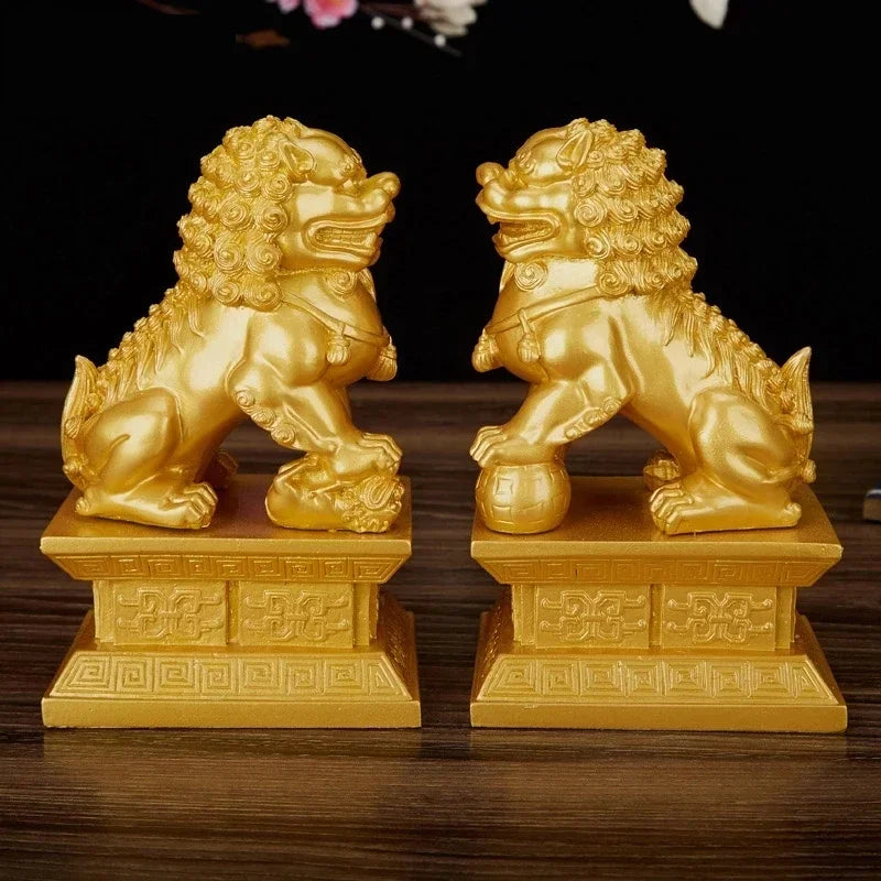 Chinese Lucky Lion Statue Pair, Copper Gold Resin Guardian Lions