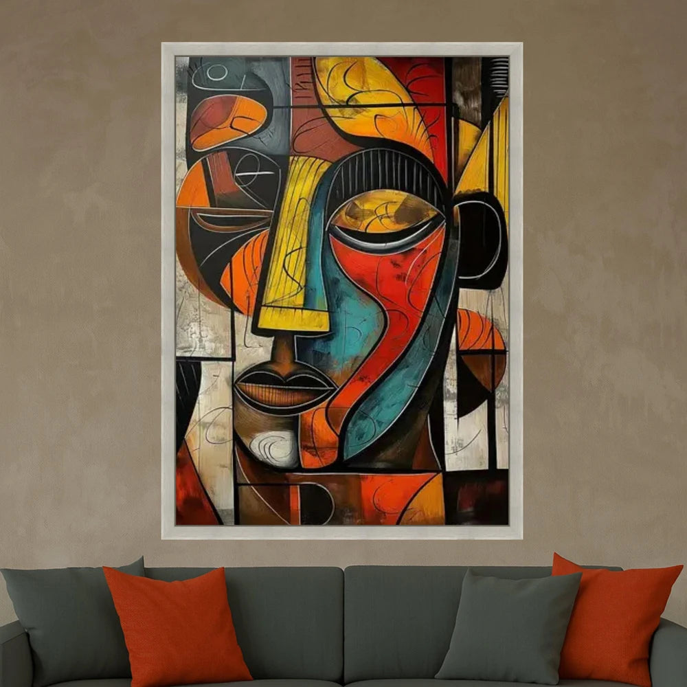 Abstract African Face Canvas Print, Colorful Cubism Wall Art
