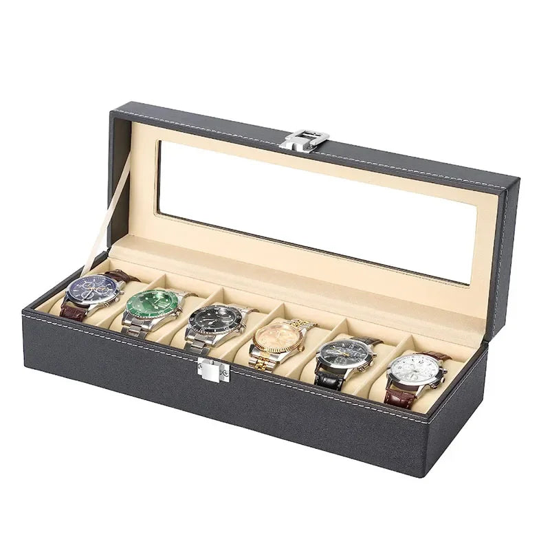 PU Leather Watch Box with Glass Lid, 6 Slots