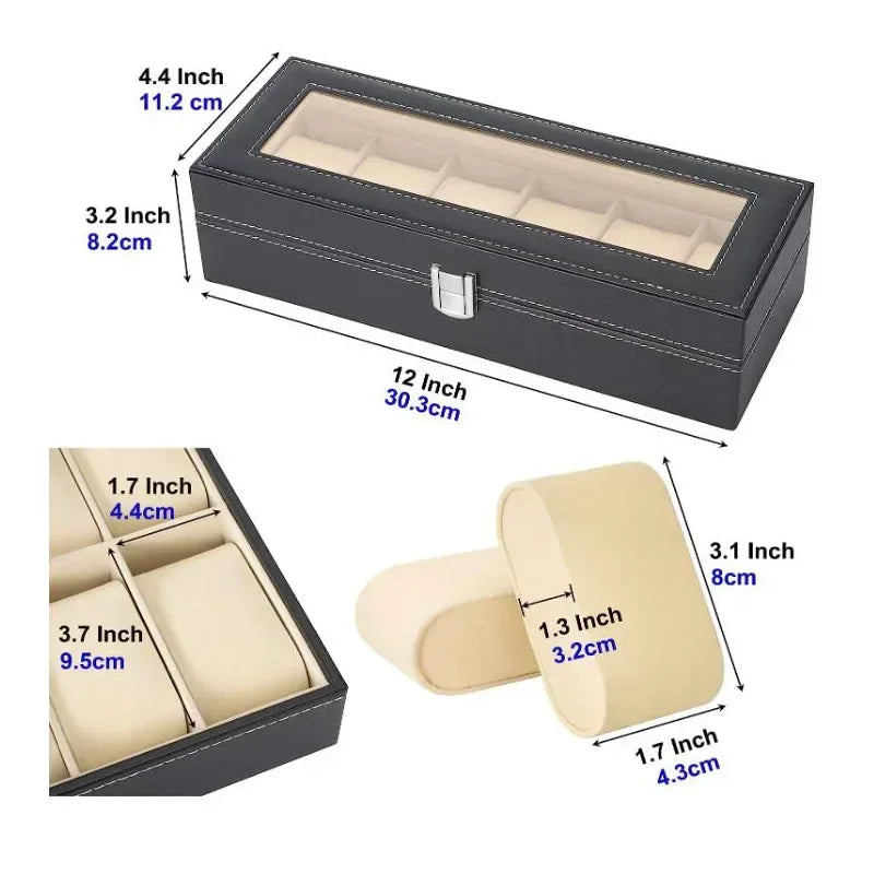PU Leather Watch Box with Glass Lid, 6 Slots