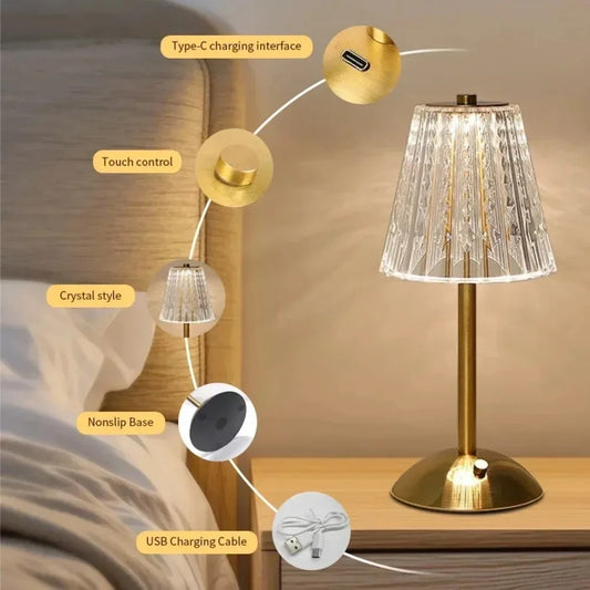 Crystal Touch Table Lamp, USB Rechargeable