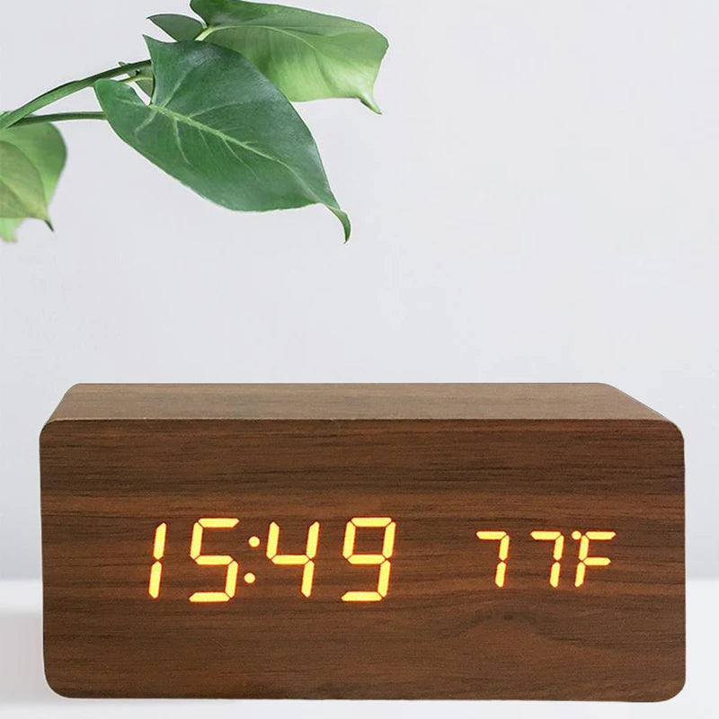 Wooden Digital Alarm Clock with Temperature