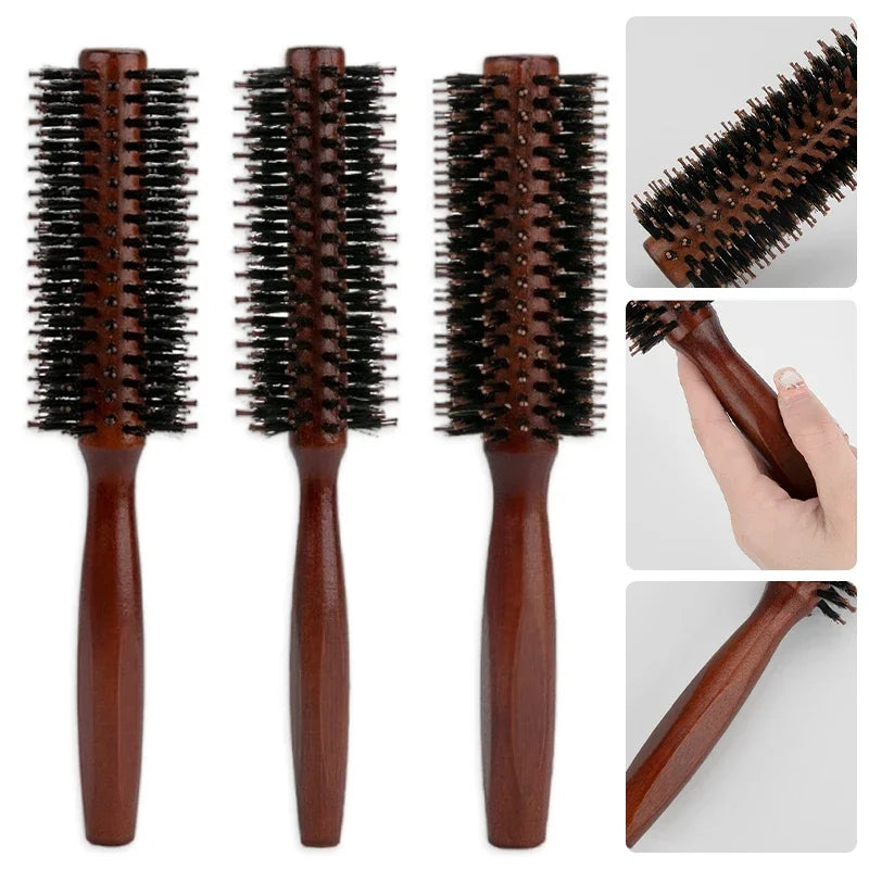 Boar Bristle Round Brush with Wooden Handle