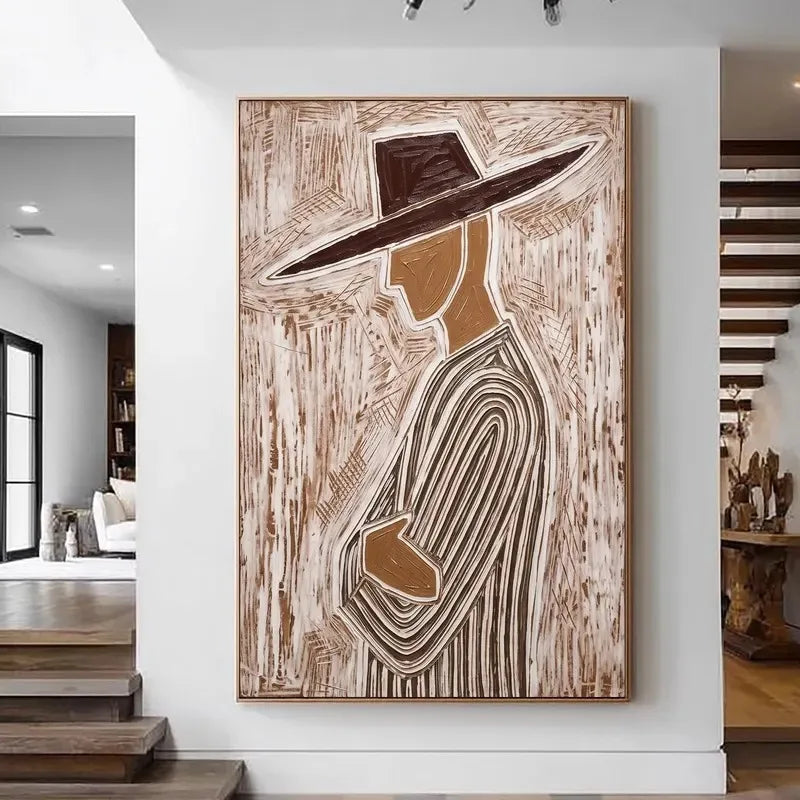 Woman in Wide Brim Hat Canvas Print, Neutral Boho Wall Art