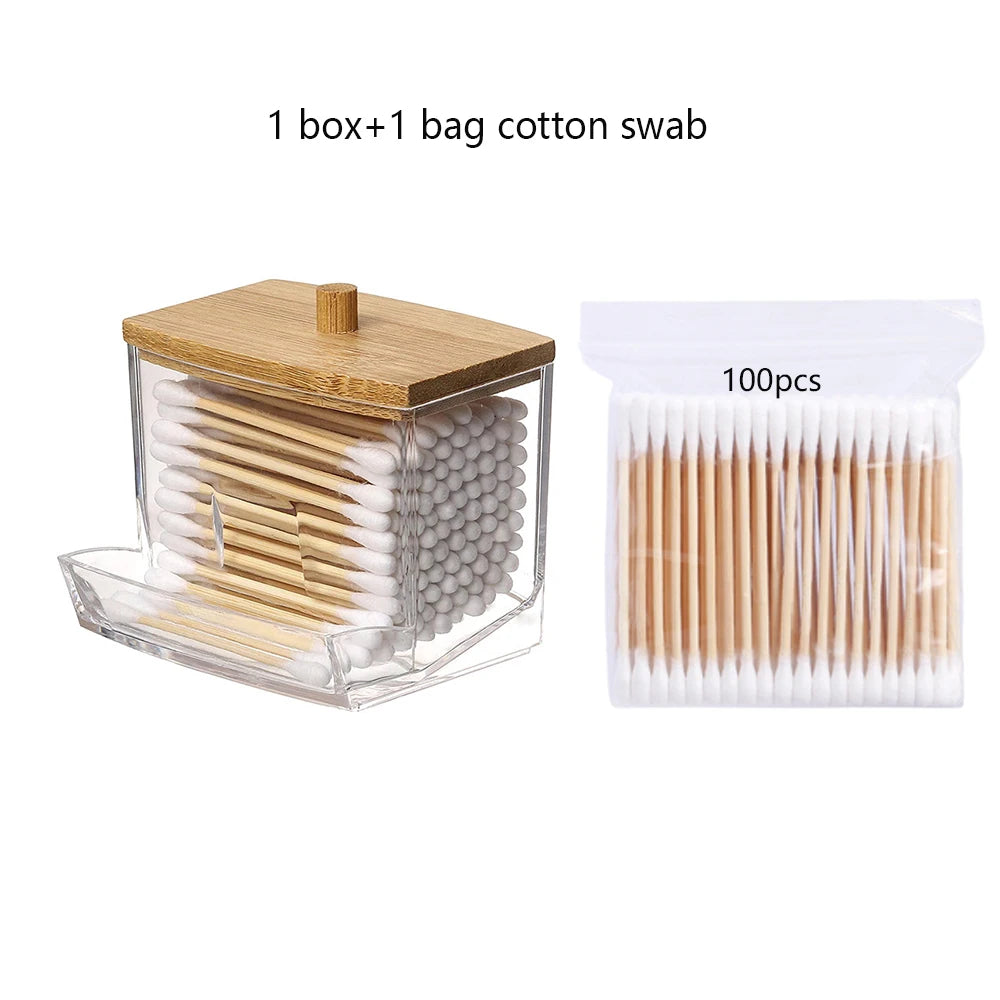 Cotton Swab Holder, Clear Storage Box with Bamboo Lid