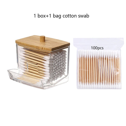 Cotton Swab Holder, Clear Storage Box with Bamboo Lid