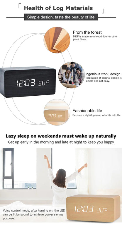 Wooden Digital Alarm Clock with Temperature
