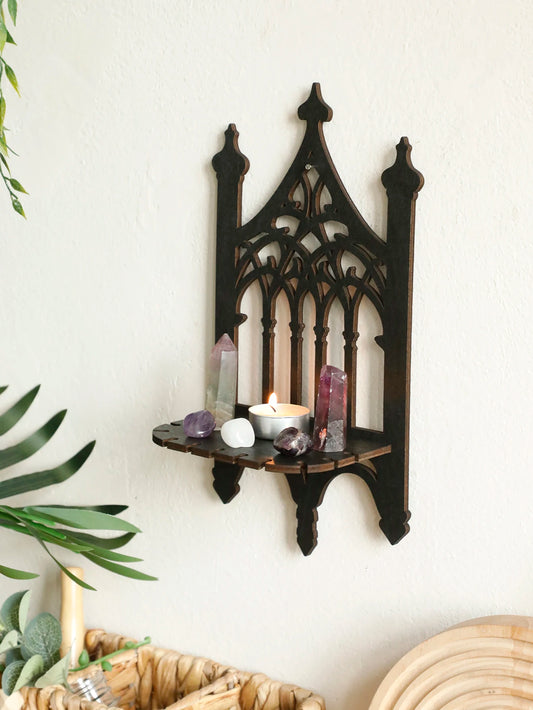 Gothic Wooden Fence Shelf, Black Hollow Wall Floating Shelf