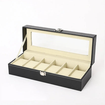 PU Leather Watch Box with Glass Lid, 6 Slots
