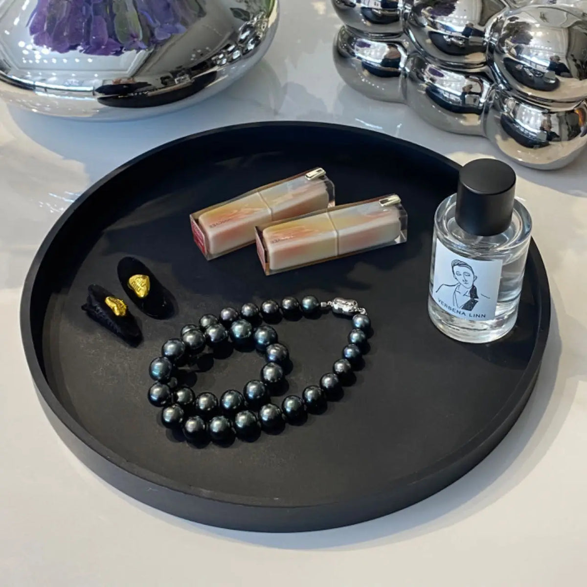 Round Vanity Tray, Decorative Marble Pattern Bathroom Organizer