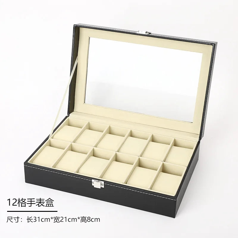 PU Leather Watch Box with Glass Lid, 6 Slots