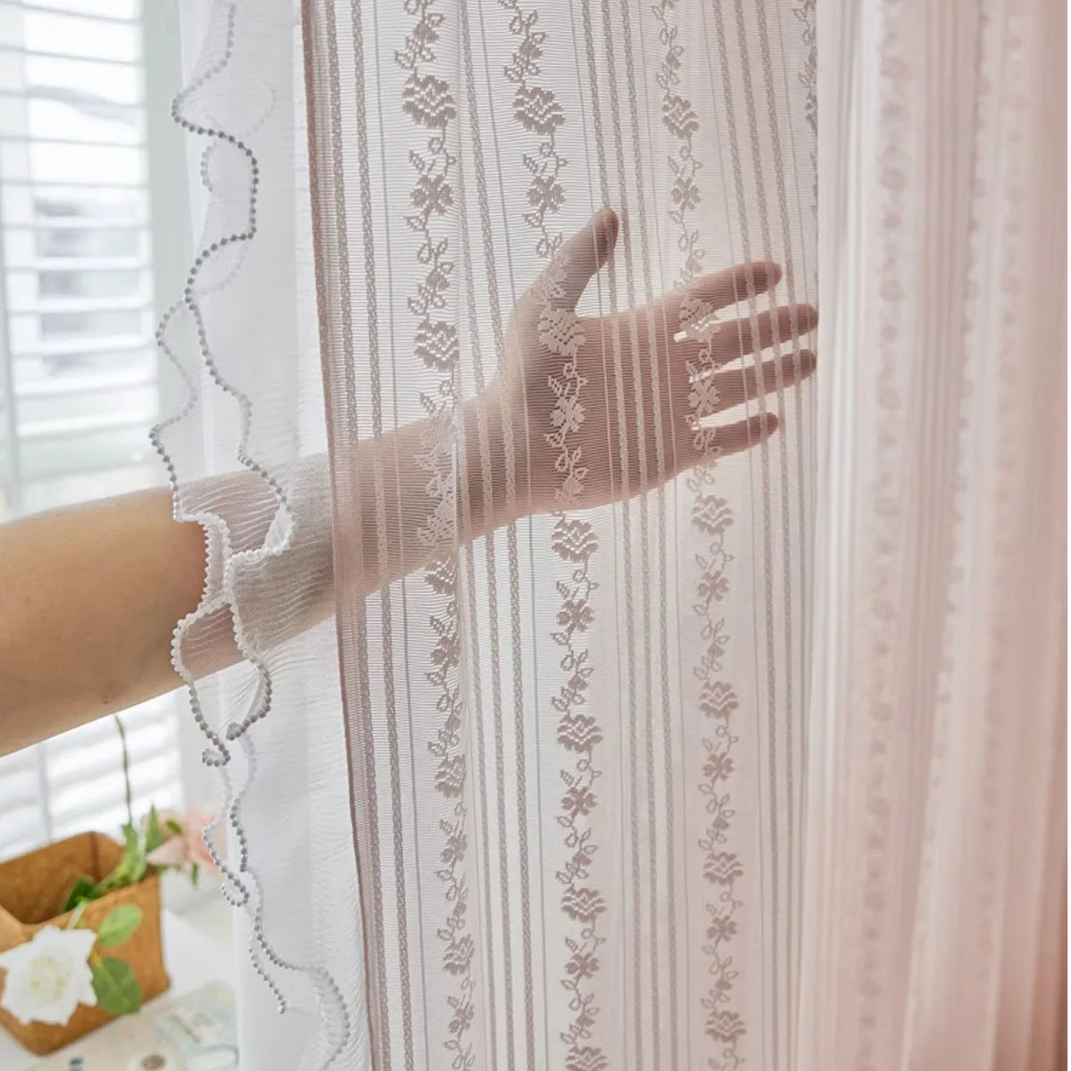 Pink Striped Rose Lace Sheer Curtain Panel