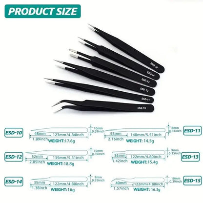 Precision Stainless Steel Tweezers Set, 6 Pieces