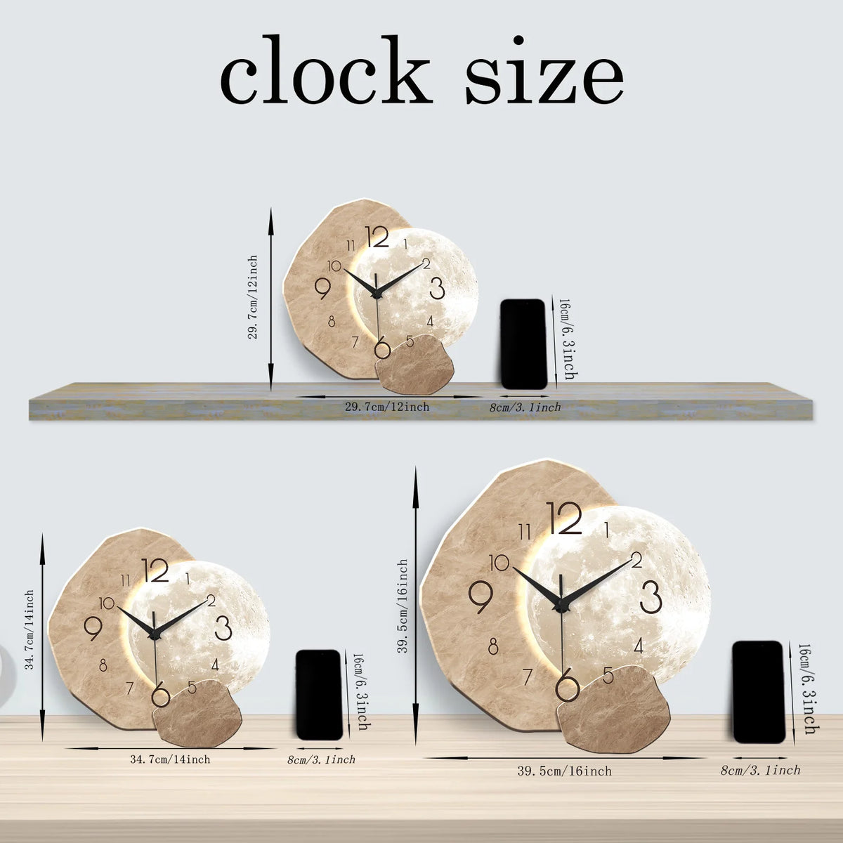 Moon Wall Clock, Silent Wooden Minimalist Clock, 12 to 16 Inch