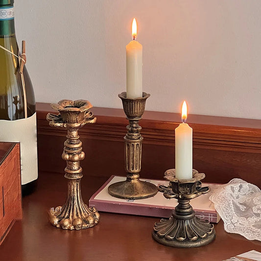 Antique Bronze Taper Candle Holder, Resin Floral Candlestick