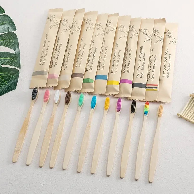 Natural Bamboo Toothbrush Set, 10 Pack
