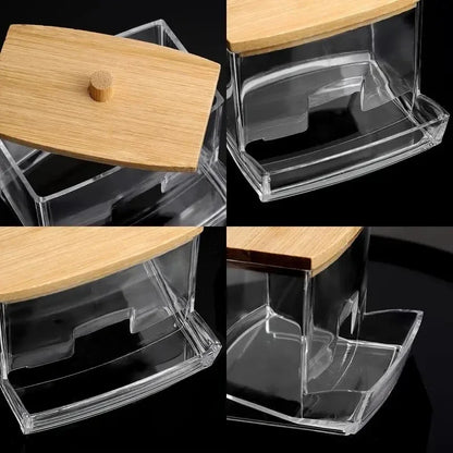Cotton Swab Holder, Clear Storage Box with Bamboo Lid