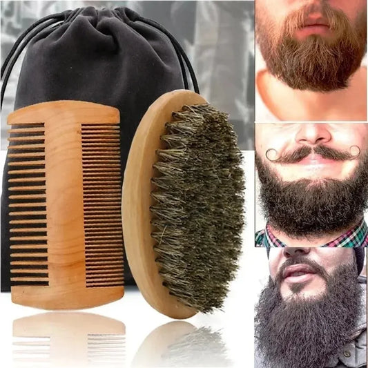 Men's Boar Bristle Beard Brush, Comb and Scissors Set