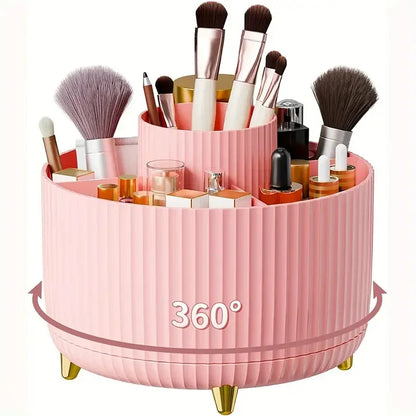 Rotating Makeup Brush Holder, 5 Slot Striped Vanity Organizer
