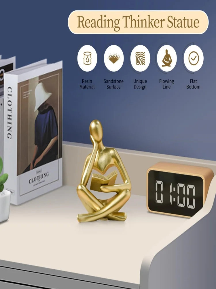 Reading Thinker Bookshelf Statue, Abstract Resin Book Lover Decor