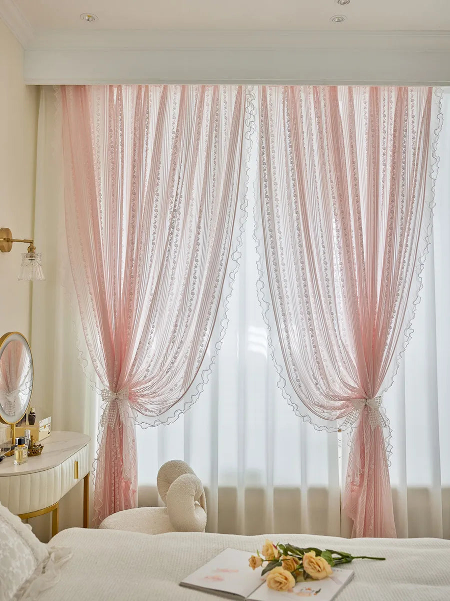 Pink Striped Rose Lace Sheer Curtain Panel