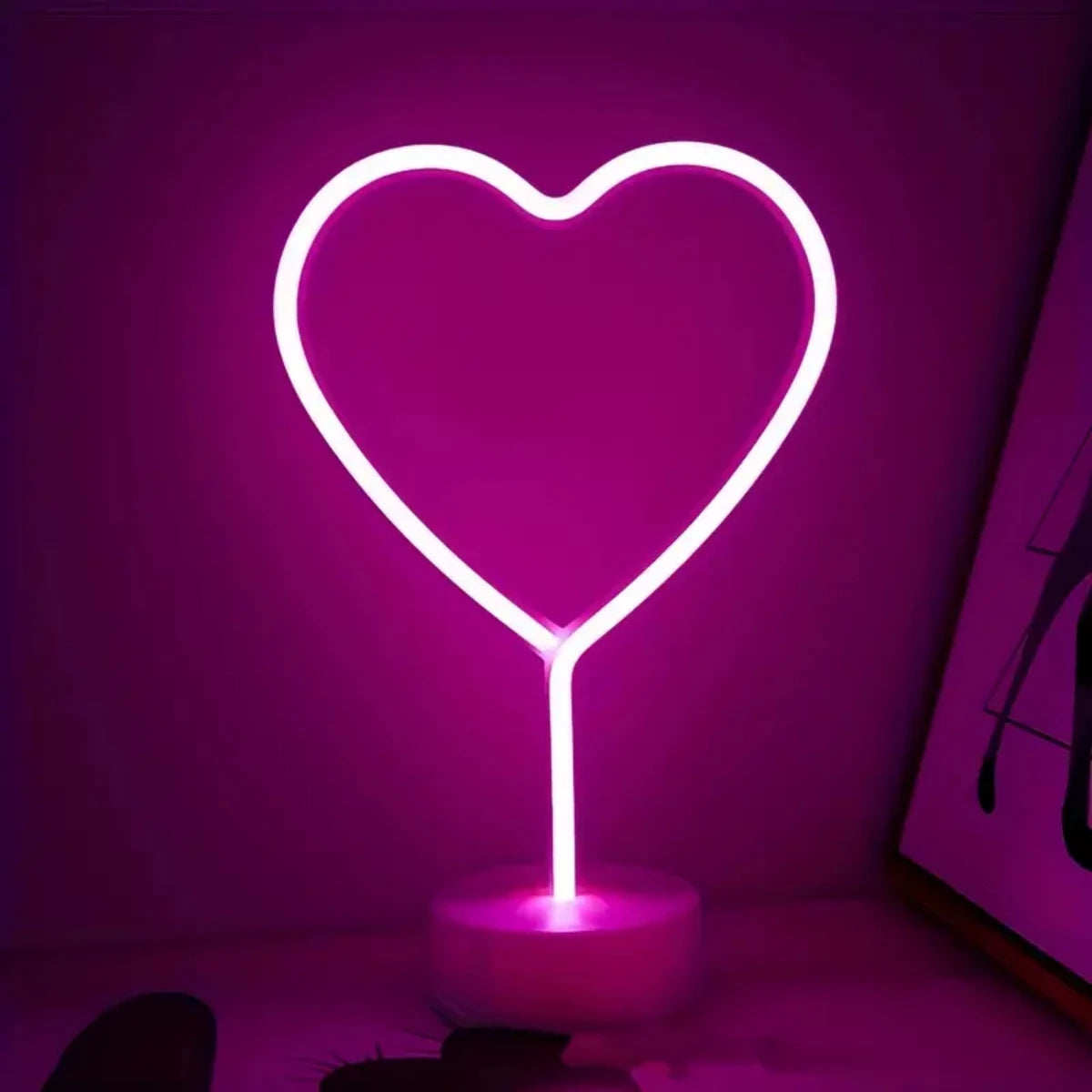 Pink Neon Heart Table Lamp, Battery LED Light with Base