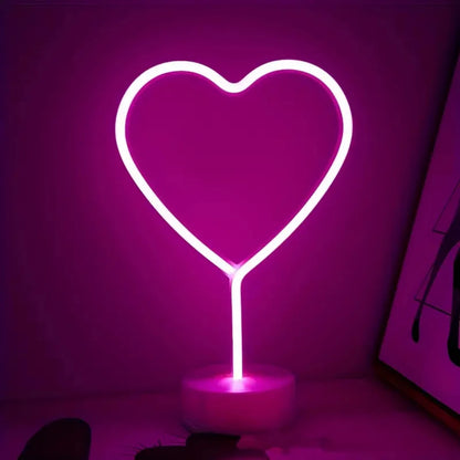 Pink Neon Heart Table Lamp, Battery LED Light with Base