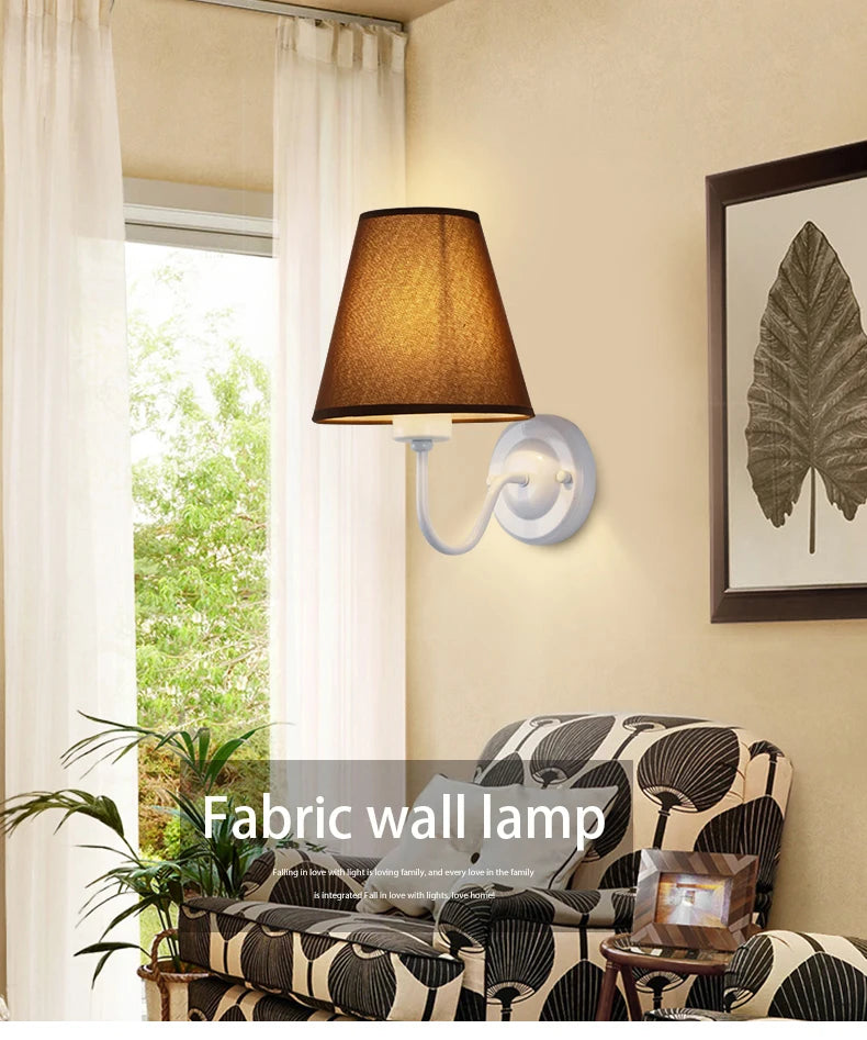 Nordic Fabric Wall Lamp, Iron Bedside Sconce with Cloth Shade, E27