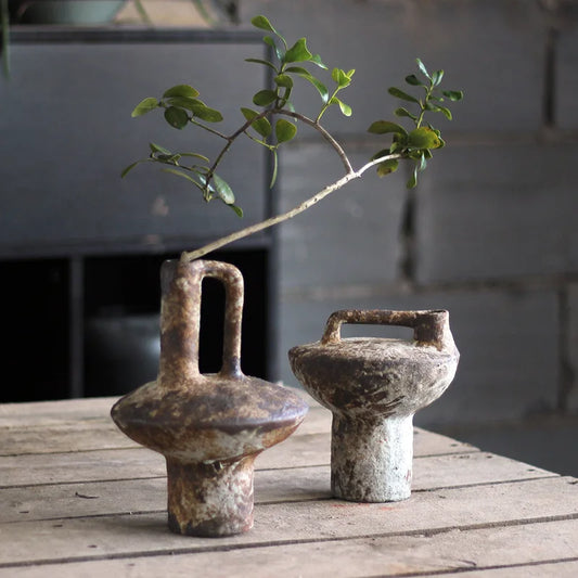Rough Clay Ceramic Vase, Retro Rustic Tabletop Flower Vase