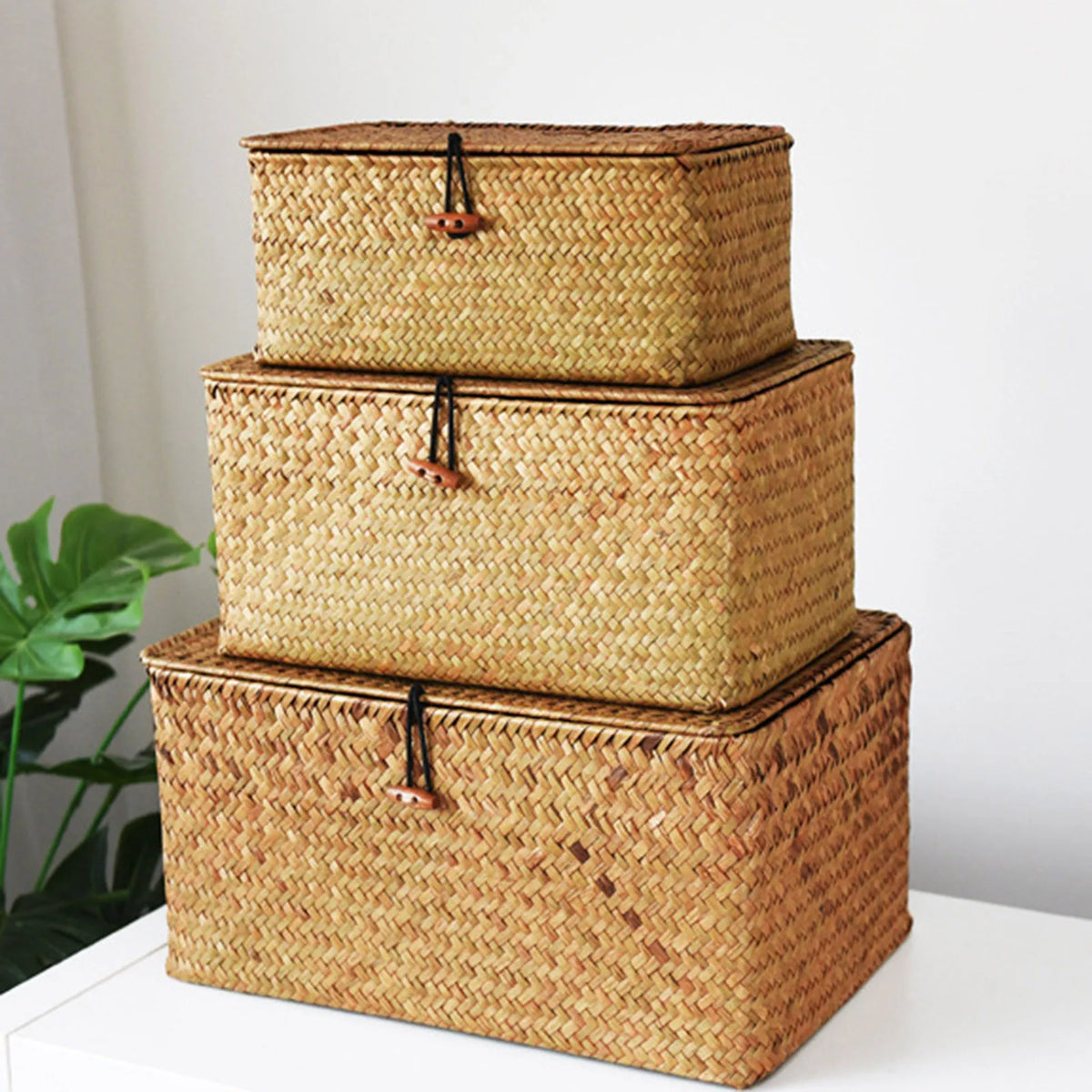 Seagrass Storage Basket with Lid, Handwoven Lidded Organizer