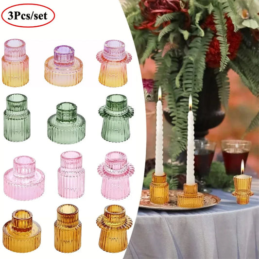 Ribbed Glass Taper Candle Holders, Set of 3