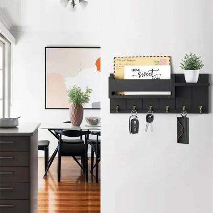 Rustic Wood Key Holder with Shelf and 6 Hooks
