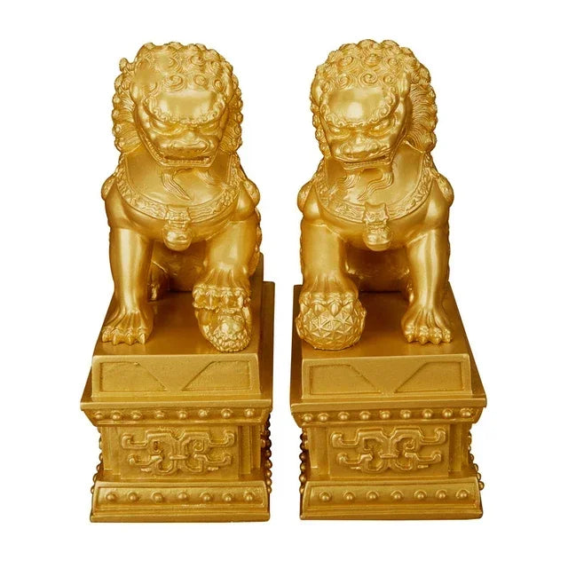 Chinese Lucky Lion Statue Pair, Copper Gold Resin Guardian Lions