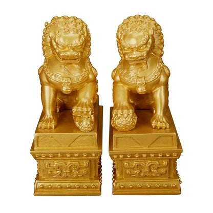 Chinese Lucky Lion Statue Pair, Copper Gold Resin Guardian Lions