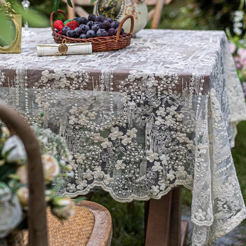 Lace Rectangular Tablecloth, Vintage Floral Polyester Table Cover