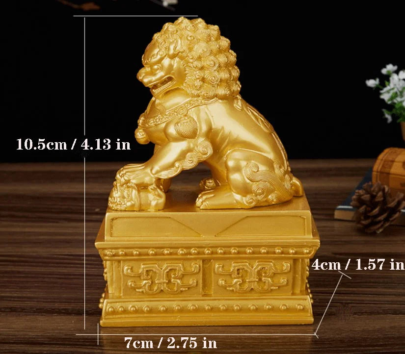 Chinese Lucky Lion Statue Pair, Copper Gold Resin Guardian Lions