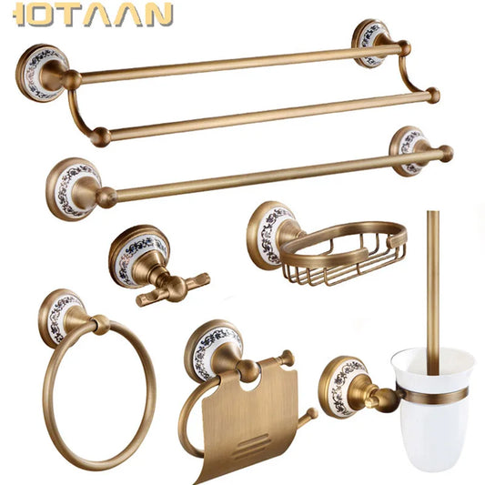 Antique Brass and Ceramic Bathroom Set, 19 Pieces