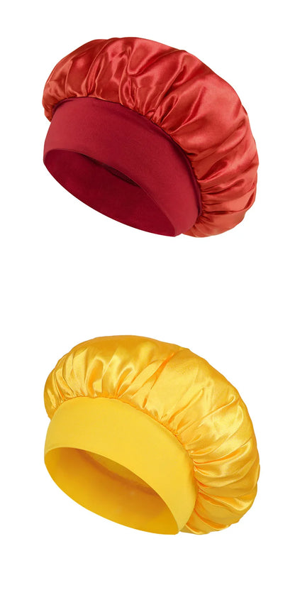 Wide-Brim Satin Hair Bonnet with Elastic Band