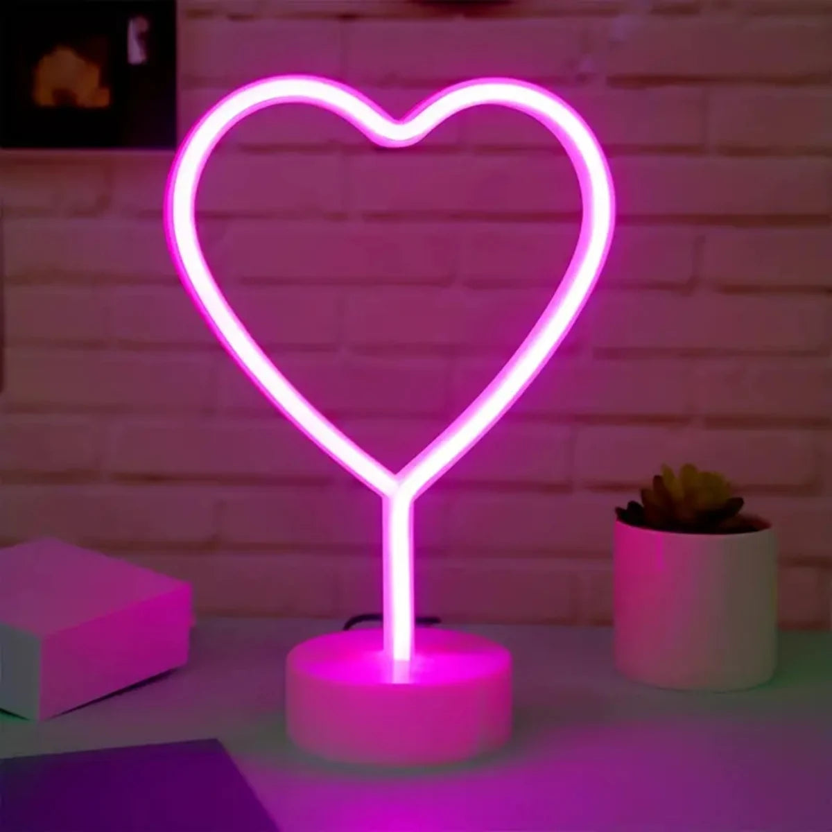 Pink Neon Heart Table Lamp, Battery LED Light with Base