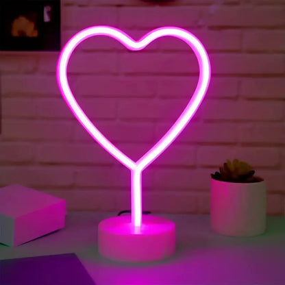 Pink Neon Heart Table Lamp, Battery LED Light with Base