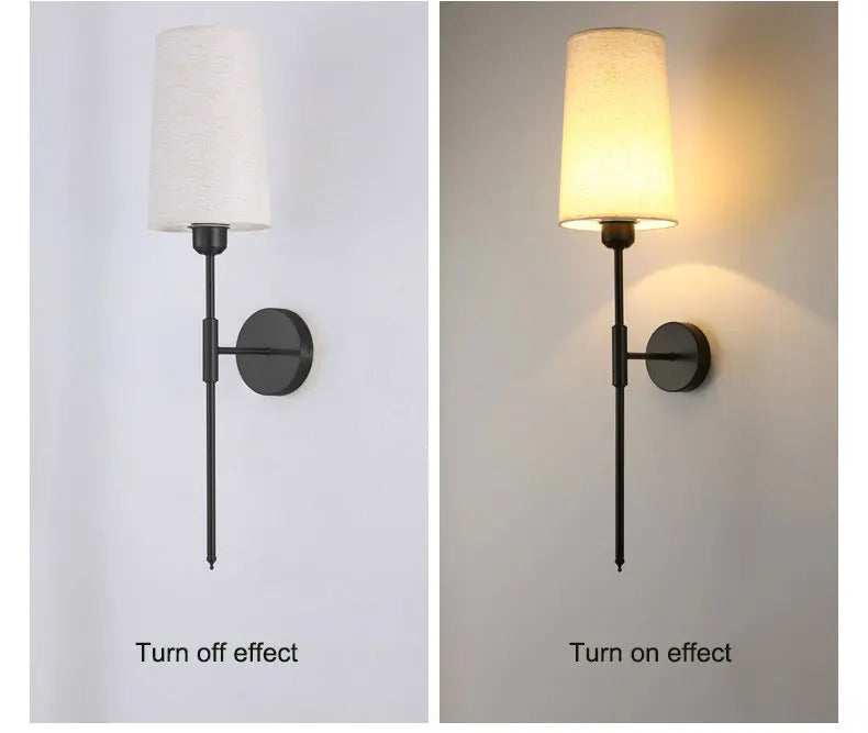 Retro Cloth Shade Wall Lamp, Black Iron Bedside Wall Sconce