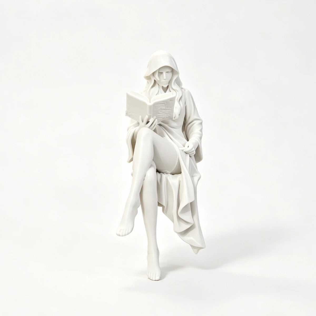 Reading Lady Shelf Sitter Statue, Matte White Hooded Figurine