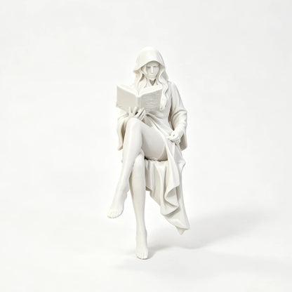 Reading Lady Shelf Sitter Statue, Matte White Hooded Figurine