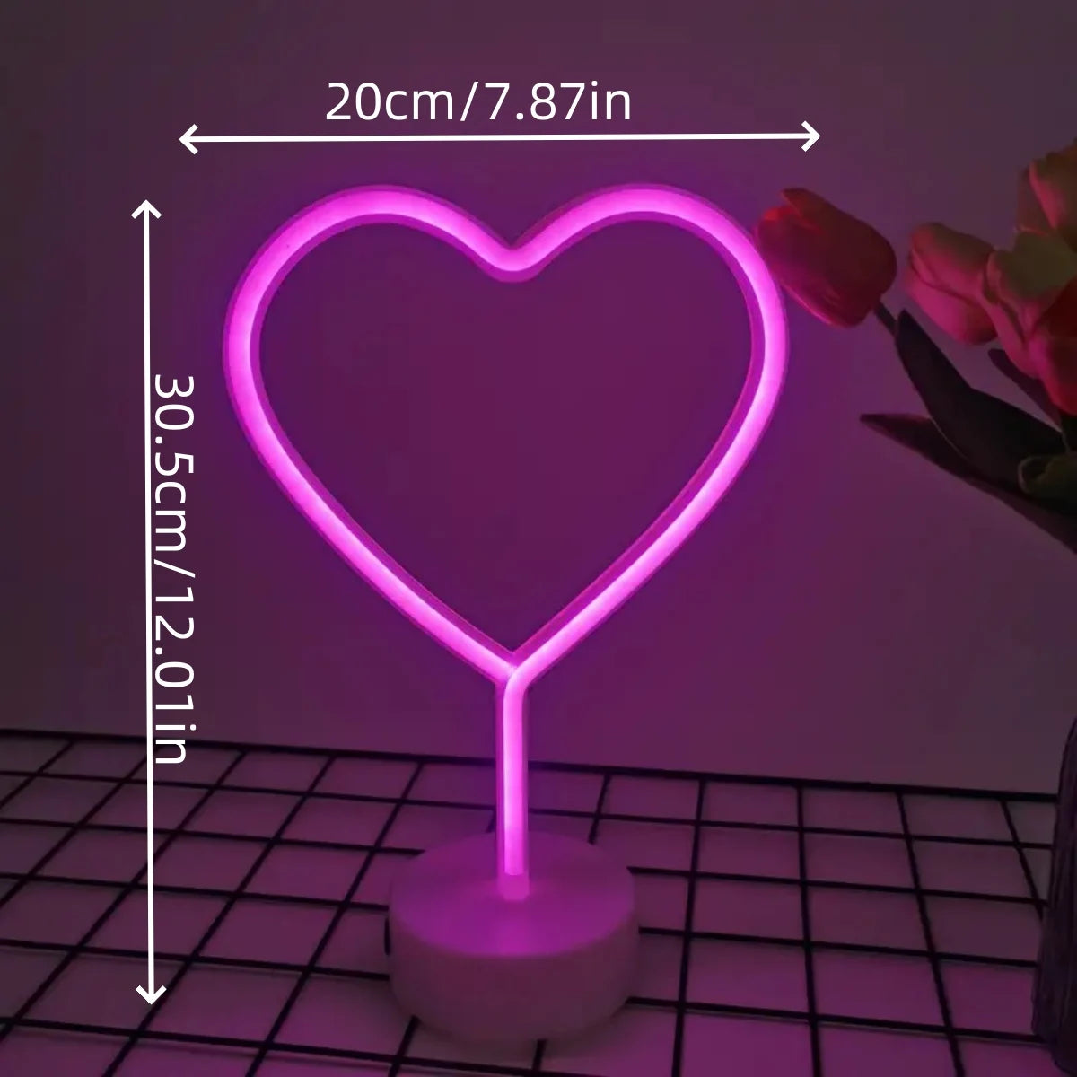 Pink Neon Heart Table Lamp, Battery LED Light with Base