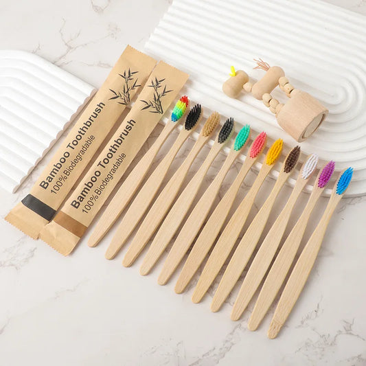 Natural Bamboo Toothbrush Set, 10 Pack