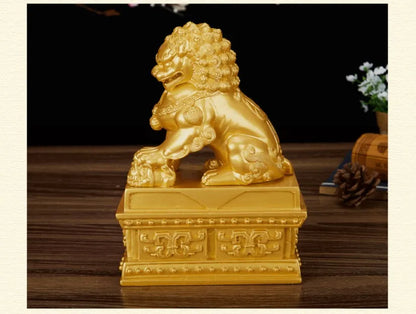 Chinese Lucky Lion Statue Pair, Copper Gold Resin Guardian Lions