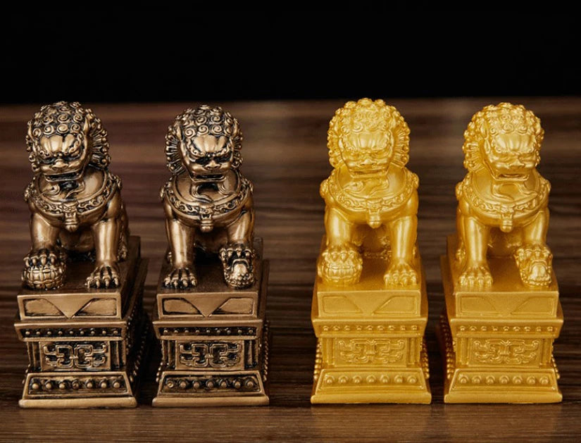 Chinese Lucky Lion Statue Pair, Copper Gold Resin Guardian Lions