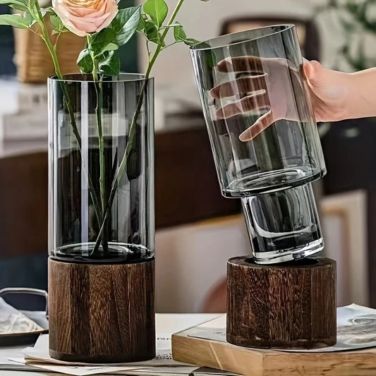 Hydroponic Glass Vase with Wooden Base, Plant Propagation Station